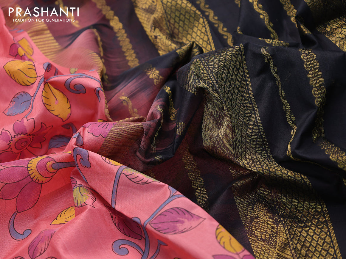 Silk cotton saree peach pink and black with allover floral kalamkari prints and zari woven korvai border