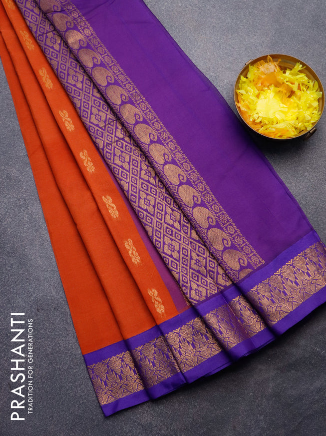 Gadwal cotton saree rustic orange and blue with zari woven buttas and zari woven border