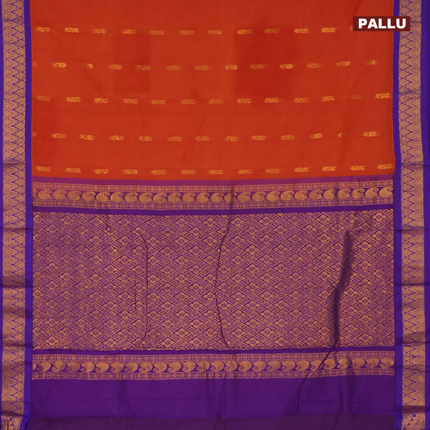 Gadwal cotton saree rustic orange and blue with zari woven buttas and zari woven border