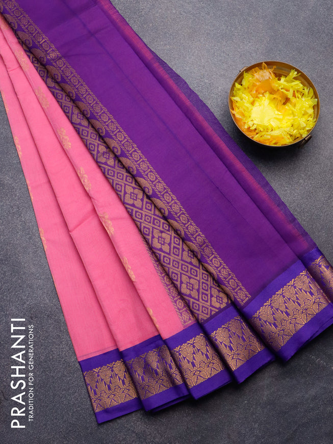 Gadwal cotton saree light pink and blue with zari woven buttas and zari woven border