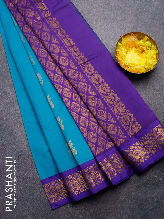 Gadwal cotton saree teal blue and blue with zari woven buttas and zari woven border