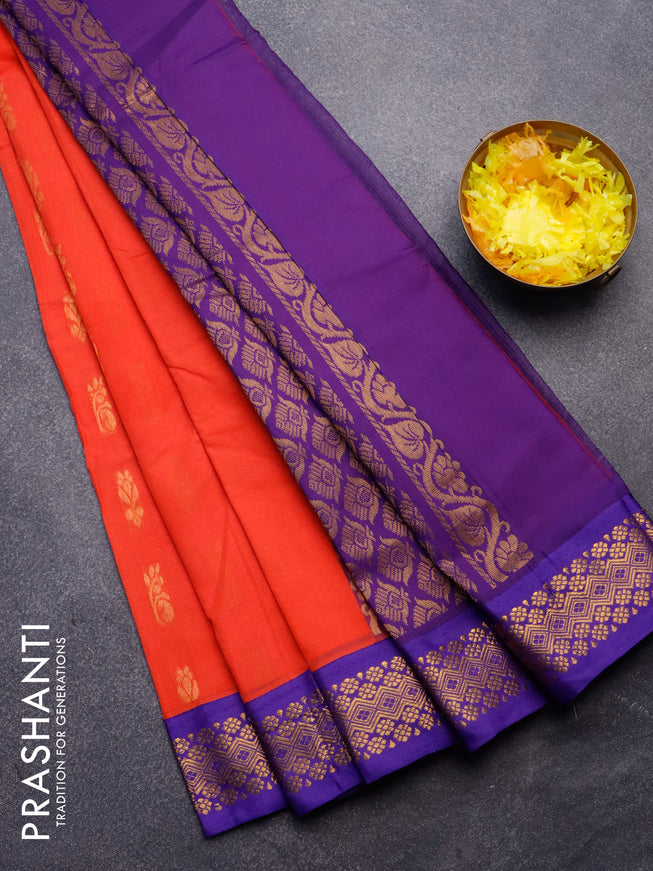 Gadwal cotton saree orange shade and blue with zari woven buttas and zari woven border