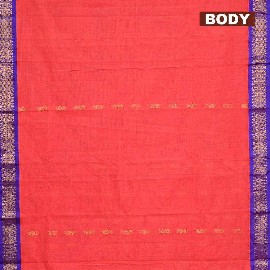 Gadwal cotton saree orange shade and blue with zari woven buttas and zari woven border