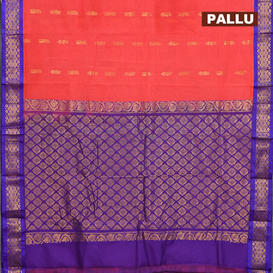 Gadwal cotton saree orange shade and blue with zari woven buttas and zari woven border