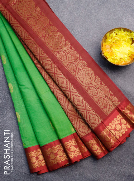 Gadwal cotton saree light green and maroon with zari woven buttas and temple design zari woven border