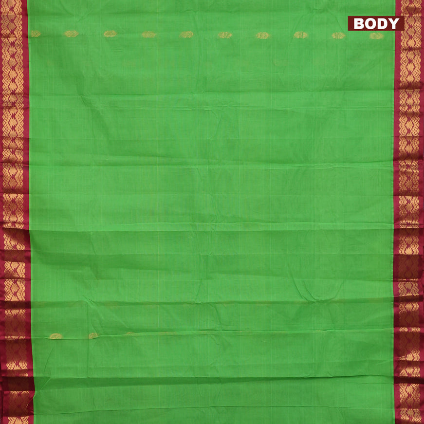 Gadwal cotton saree light green and maroon with zari woven buttas and temple design zari woven border