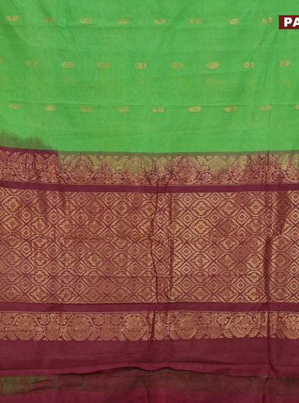 Gadwal cotton saree light green and maroon with zari woven buttas and temple design zari woven border