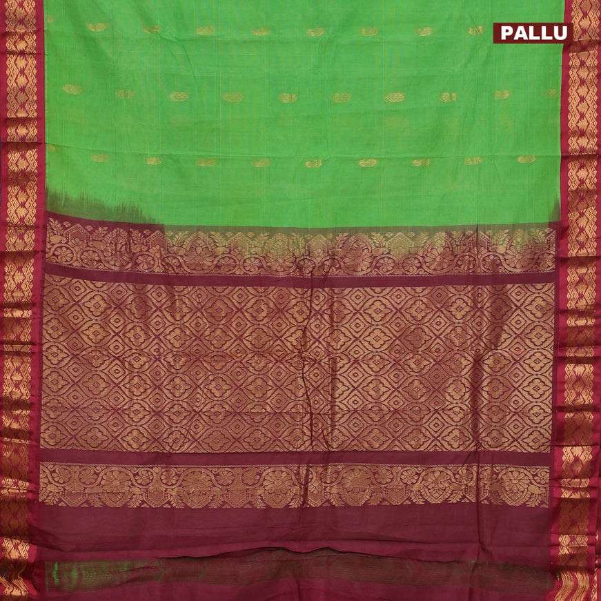 Gadwal cotton saree light green and maroon with zari woven buttas and temple design zari woven border