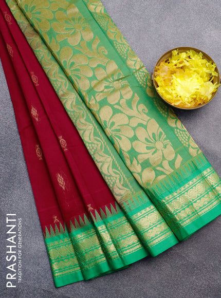 Gadwal cotton saree dark pink and green with zari woven buttas and temple design zari woven border