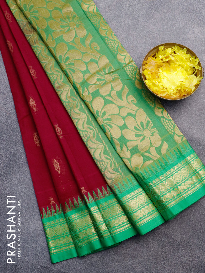 Gadwal cotton saree dark pink and green with zari woven buttas and temple design zari woven border