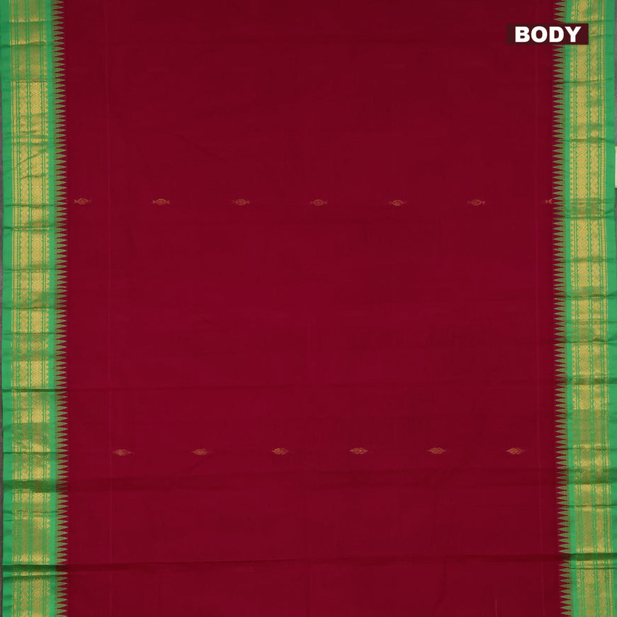 Gadwal cotton saree dark pink and green with zari woven buttas and temple design zari woven border