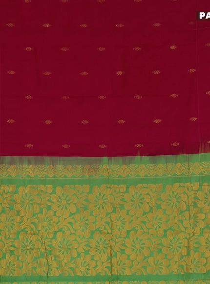 Gadwal cotton saree dark pink and green with zari woven buttas and temple design zari woven border