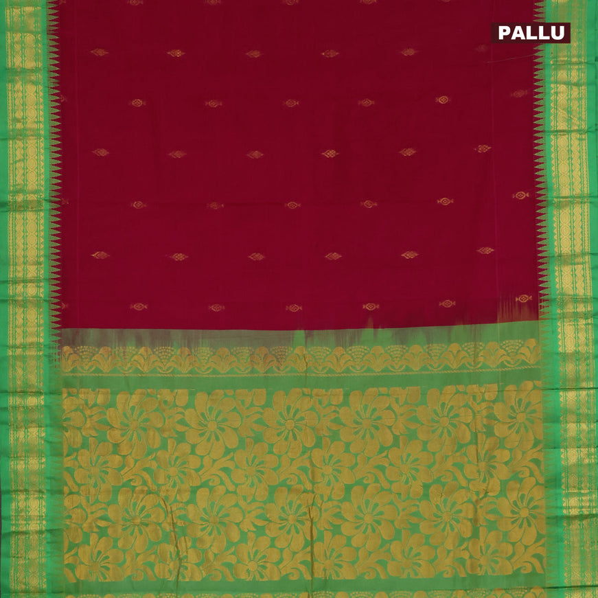 Gadwal cotton saree dark pink and green with zari woven buttas and temple design zari woven border