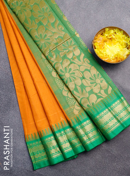 Gadwal cotton saree orange and green with zari woven buttas and temple design zari woven border