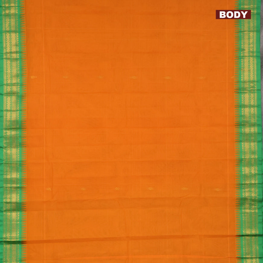 Gadwal cotton saree orange and green with zari woven buttas and temple design zari woven border