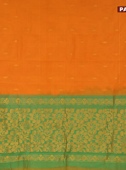 Gadwal cotton saree orange and green with zari woven buttas and temple design zari woven border