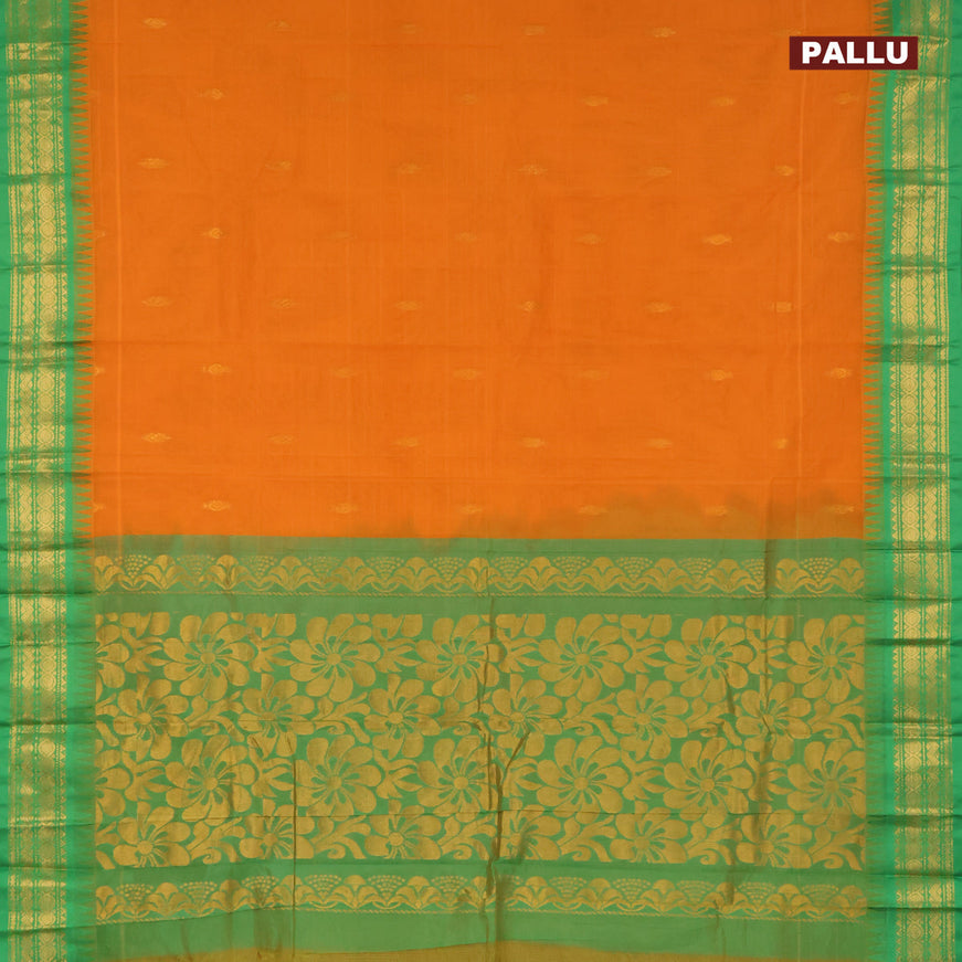 Gadwal cotton saree orange and green with zari woven buttas and temple design zari woven border