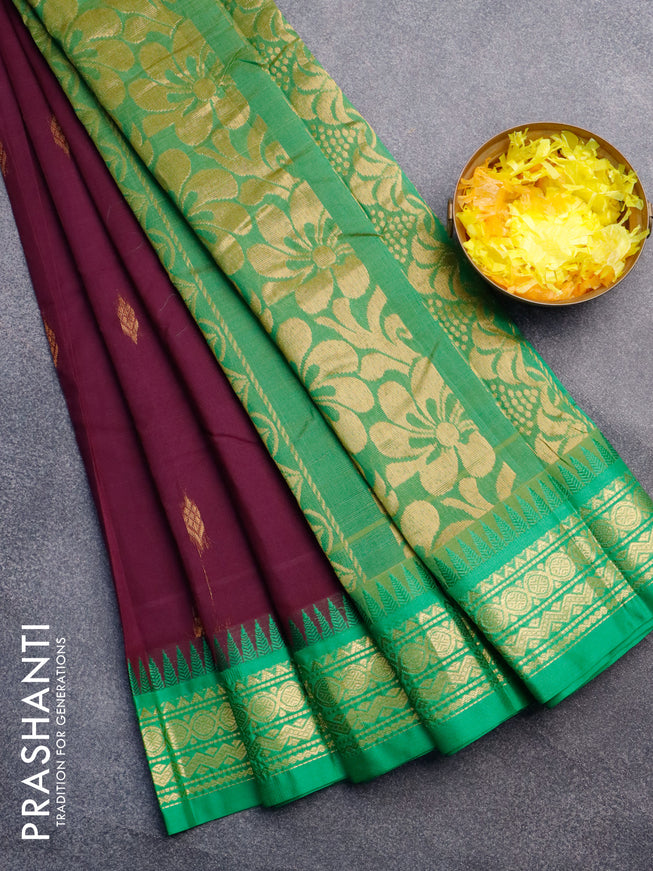 Gadwal cotton saree deep purple and green with zari woven buttas and temple design zari woven border