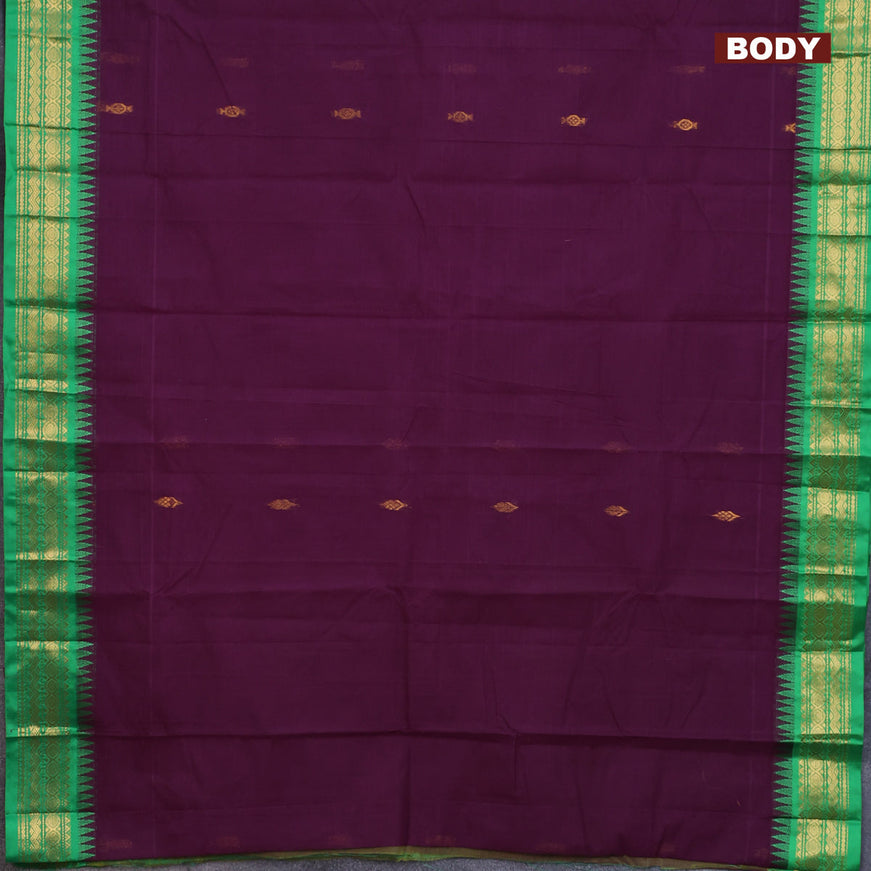 Gadwal cotton saree deep purple and green with zari woven buttas and temple design zari woven border