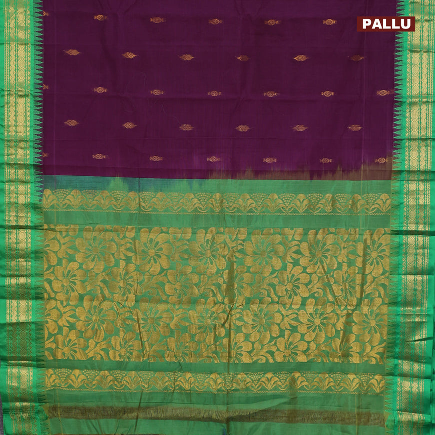 Gadwal cotton saree deep purple and green with zari woven buttas and temple design zari woven border