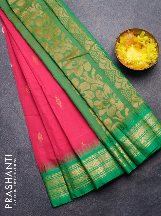 Gadwal cotton saree pink and green with zari woven buttas and temple design zari woven border