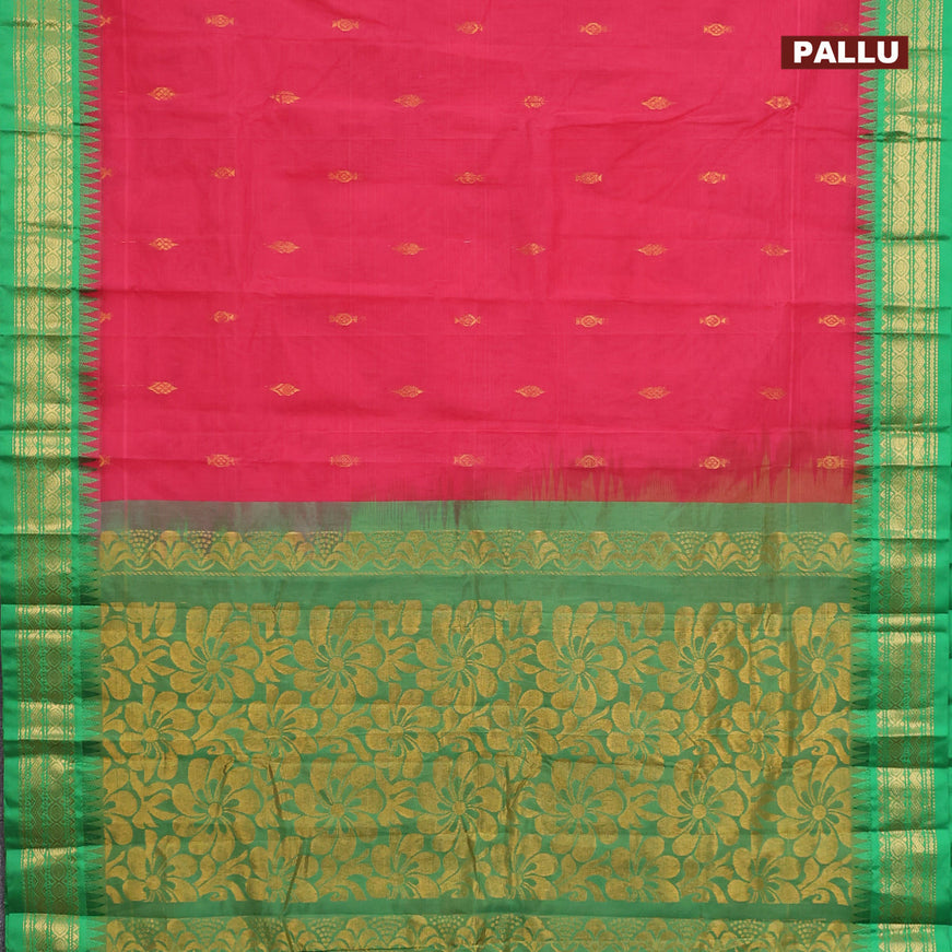 Gadwal cotton saree pink and green with zari woven buttas and temple design zari woven border