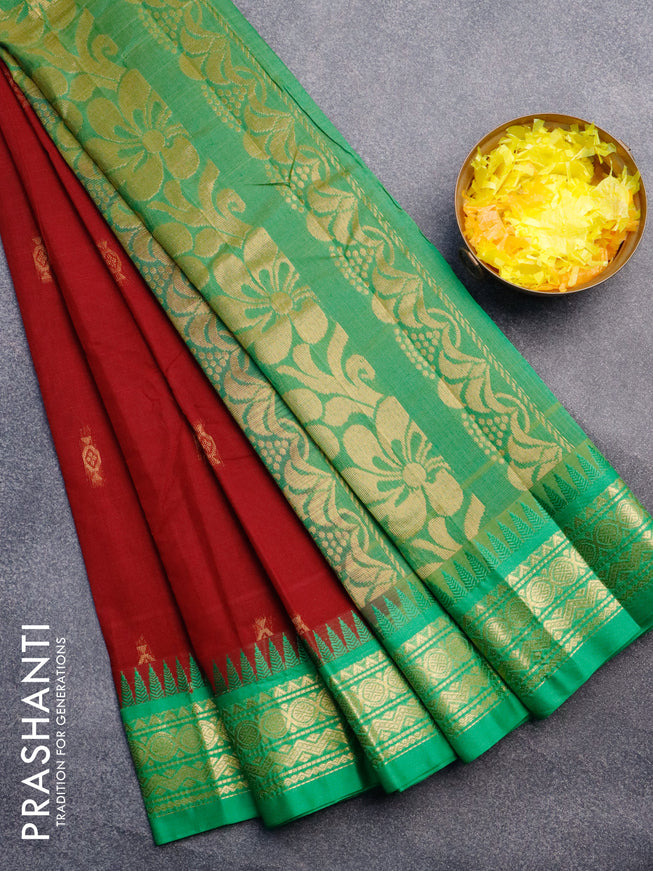 Gadwal cotton saree maroon and green with zari woven buttas and temple design zari woven border