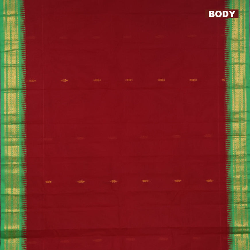 Gadwal cotton saree maroon and green with zari woven buttas and temple design zari woven border