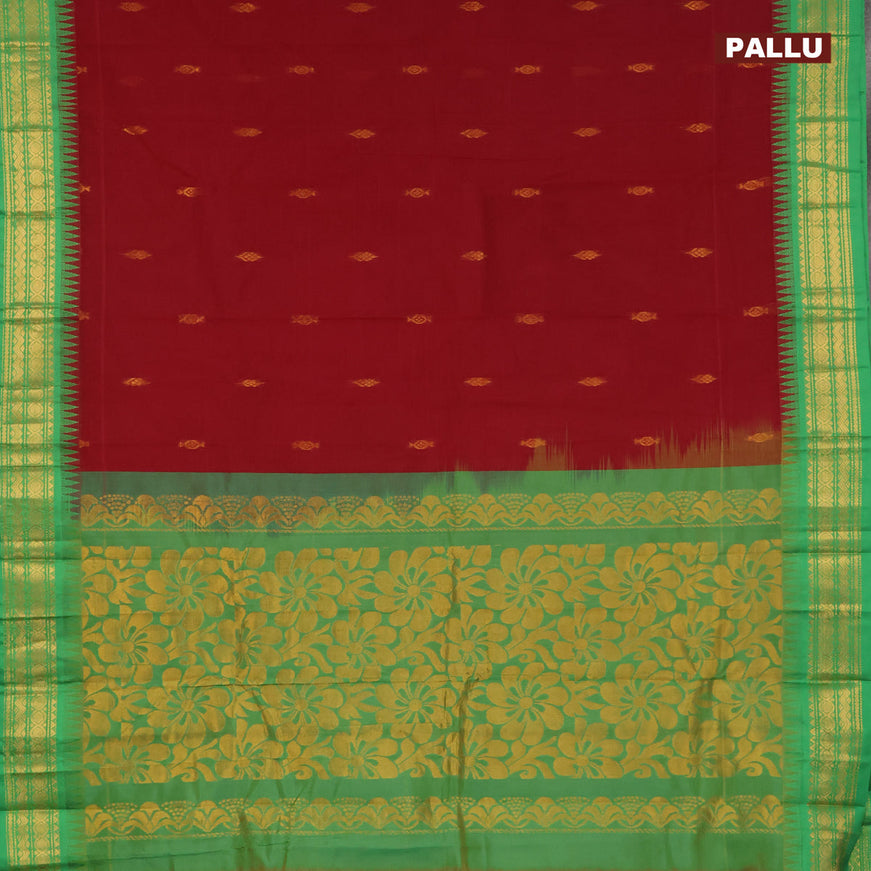 Gadwal cotton saree maroon and green with zari woven buttas and temple design zari woven border