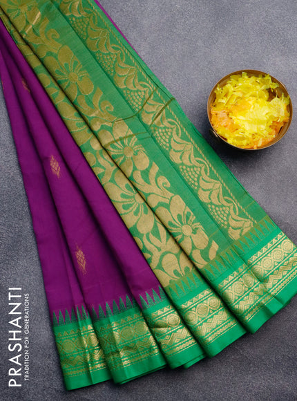 Gadwal cotton saree purple and green with zari woven buttas and temple design zari woven border