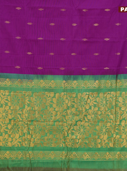 Gadwal cotton saree purple and green with zari woven buttas and temple design zari woven border