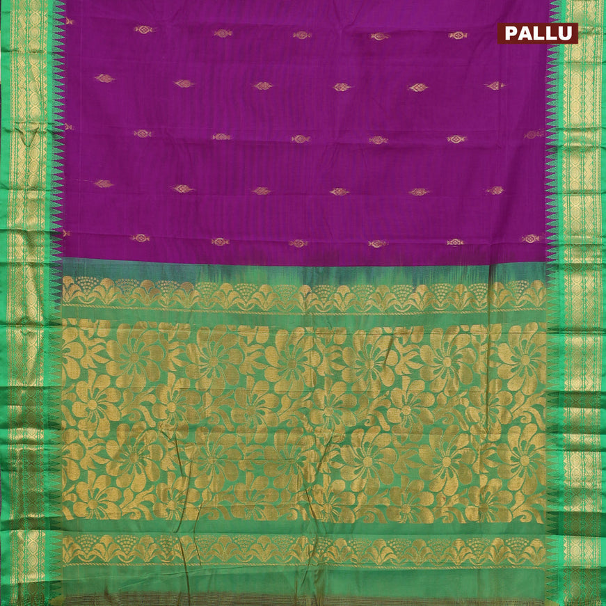 Gadwal cotton saree purple and green with zari woven buttas and temple design zari woven border