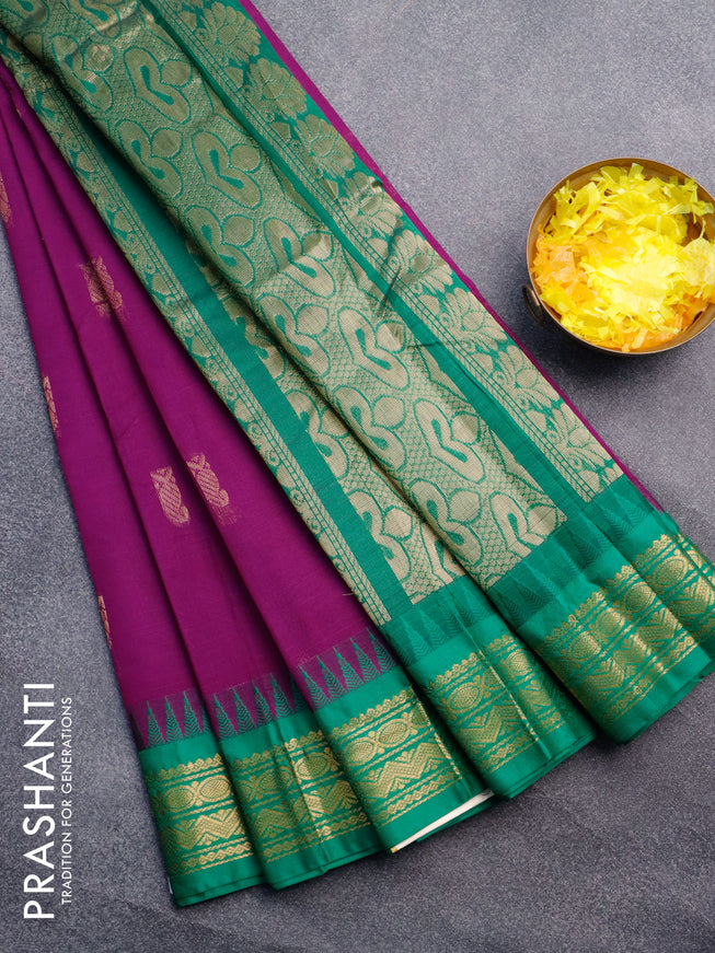 Gadwal cotton saree purple and green with zari woven buttas and temple design zari woven border