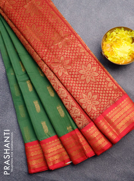 Gadwal cotton saree green shae and pink with zari woven buttas and zari woven border