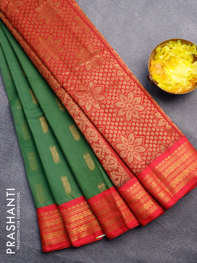 Gadwal cotton saree green shae and pink with zari woven buttas and zari woven border