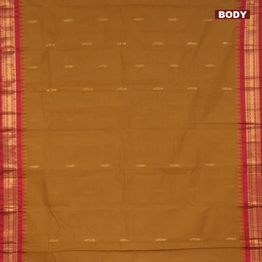 Gadwal cotton saree dark mustard shade and maroon with zari woven buttas and temple design zari woven border