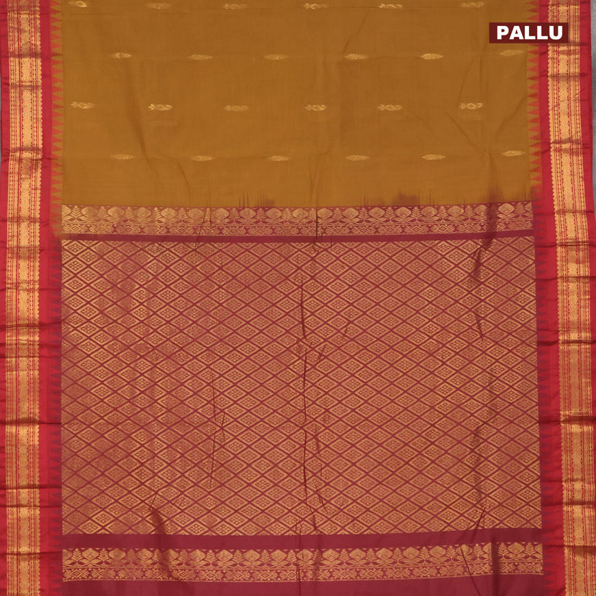 Gadwal cotton saree dark mustard shade and maroon with zari woven buttas and temple design zari woven border