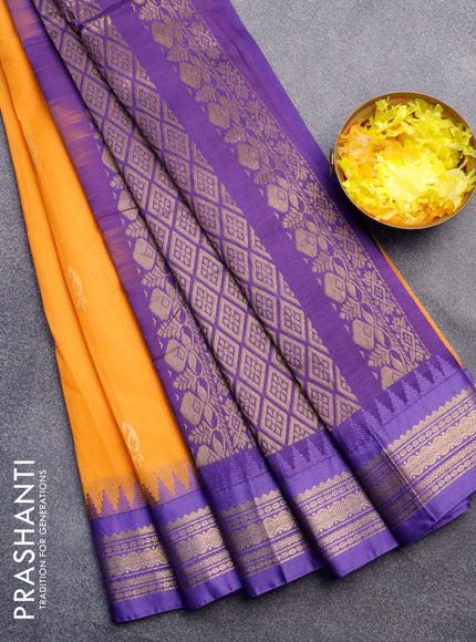 Gadwal cotton saree orange and violet shade with zari woven buttas and temple design zari woven border