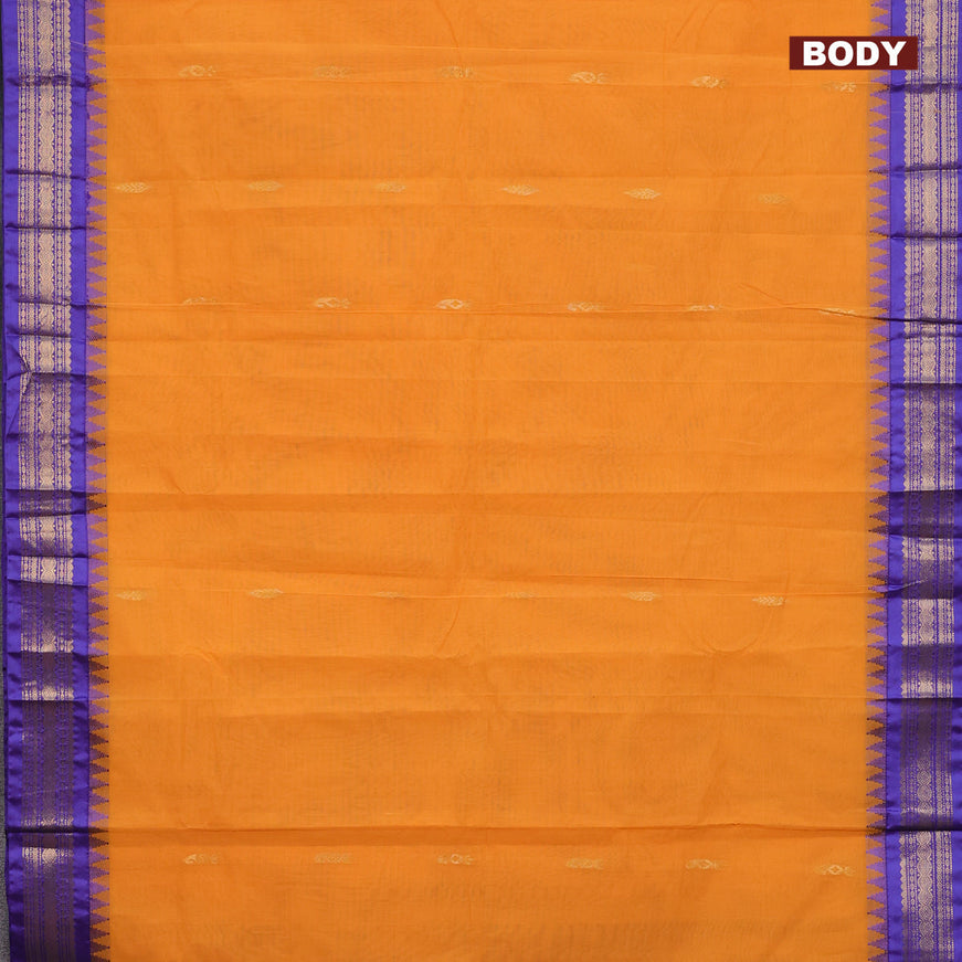 Gadwal cotton saree orange and violet shade with zari woven buttas and temple design zari woven border