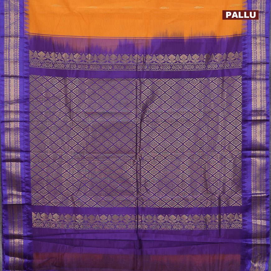 Gadwal cotton saree orange and violet shade with zari woven buttas and temple design zari woven border