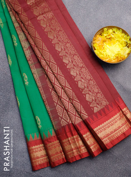 Gadwal cotton saree green and maroon with zari woven buttas and temple design zari woven border