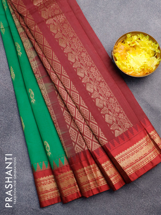 Gadwal cotton saree green and maroon with zari woven buttas and temple design zari woven border