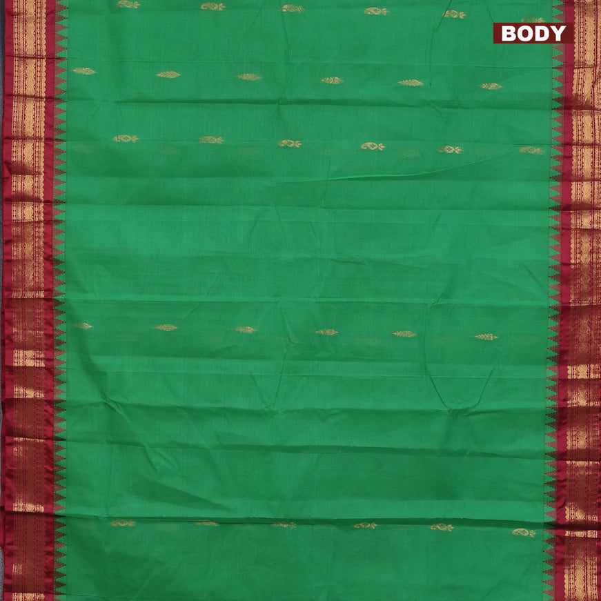 Gadwal cotton saree green and maroon with zari woven buttas and temple design zari woven border