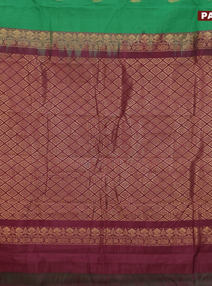 Gadwal cotton saree green and maroon with zari woven buttas and temple design zari woven border