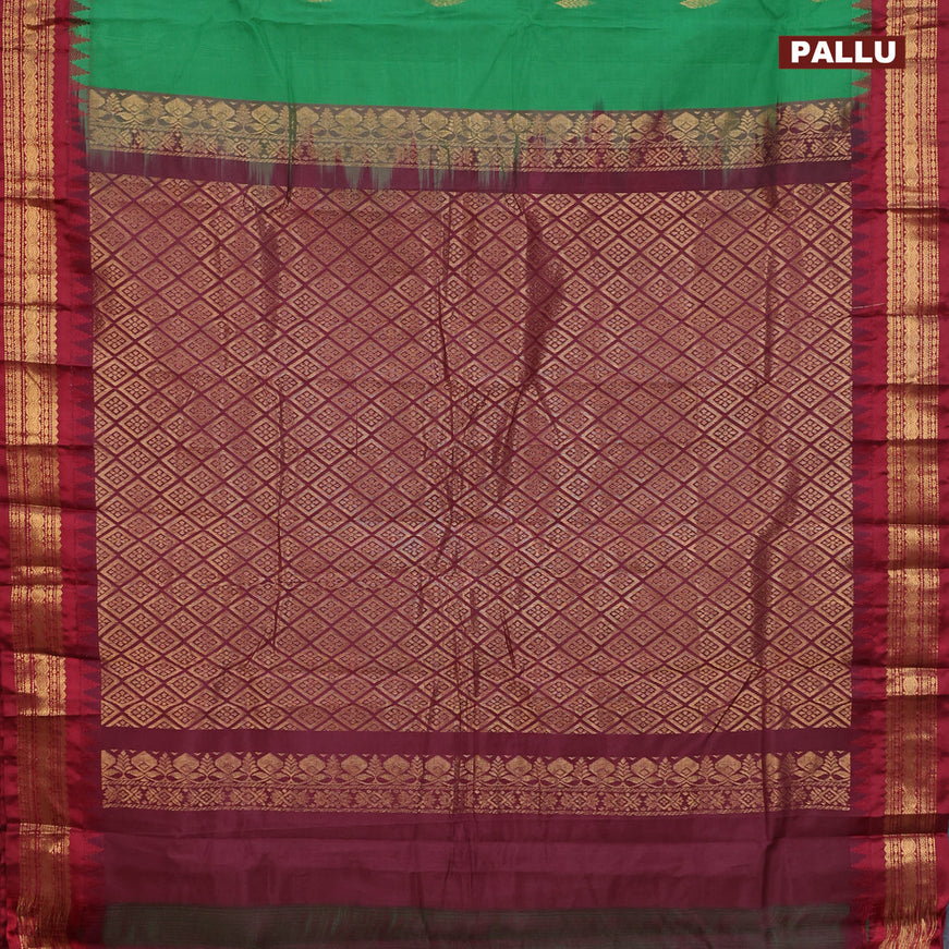 Gadwal cotton saree green and maroon with zari woven buttas and temple design zari woven border