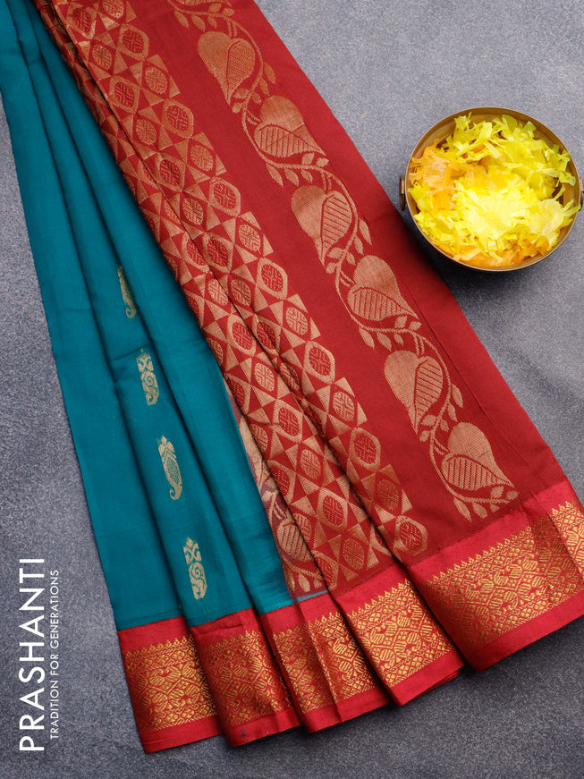 Gadwal cotton saree teal green and dark pink with zari woven buttas and zari woven border