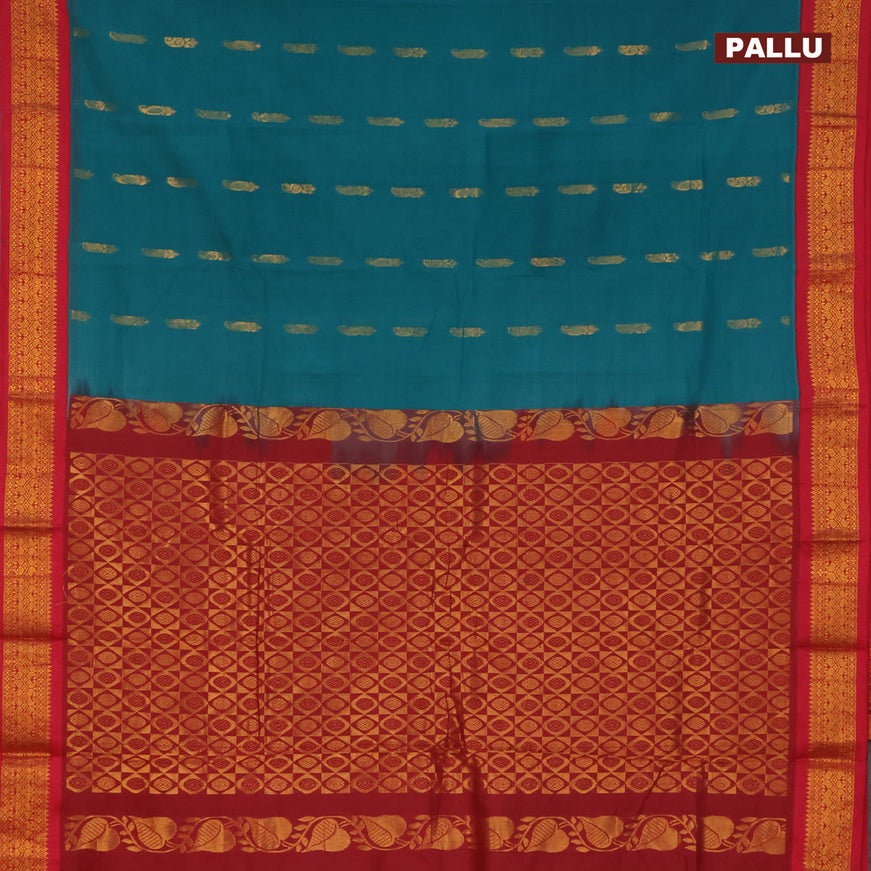 Gadwal cotton saree teal green and dark pink with zari woven buttas and zari woven border