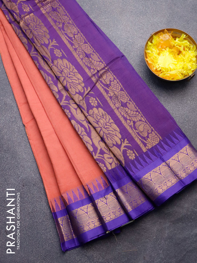 Gadwal cotton saree pastel peach and blue with zari woven buttas and temple design zari woven border