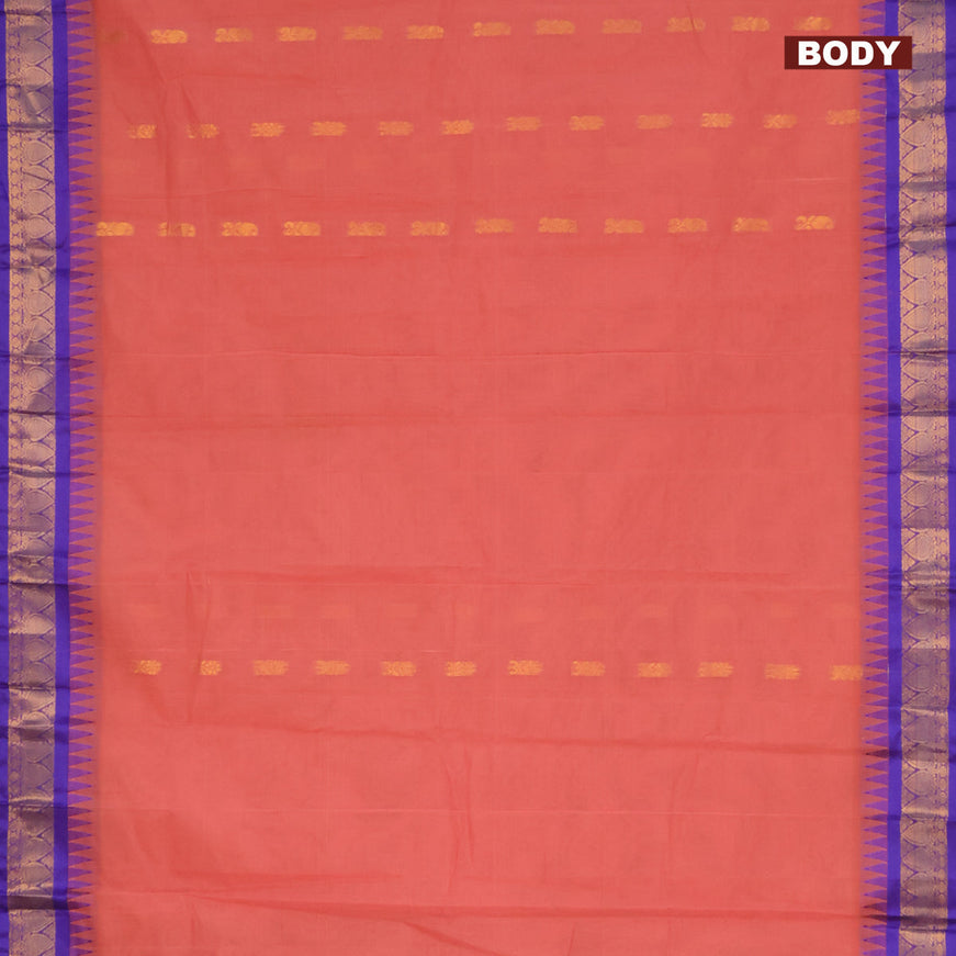 Gadwal cotton saree pastel peach and blue with zari woven buttas and temple design zari woven border