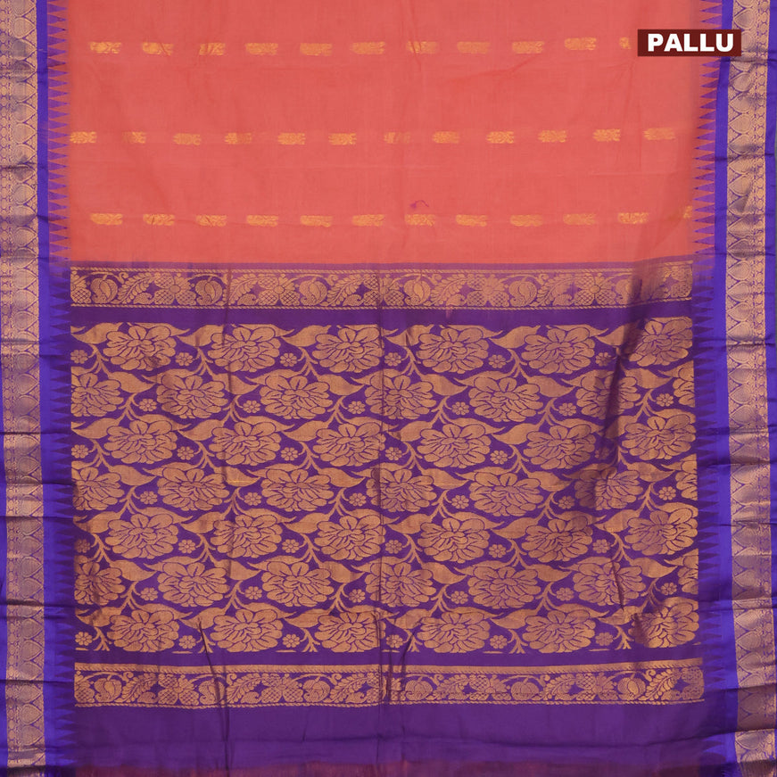 Gadwal cotton saree pastel peach and blue with zari woven buttas and temple design zari woven border